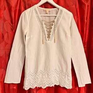 Michael Kors White Cotton Tunic with Gold Tone Chain - Size XS